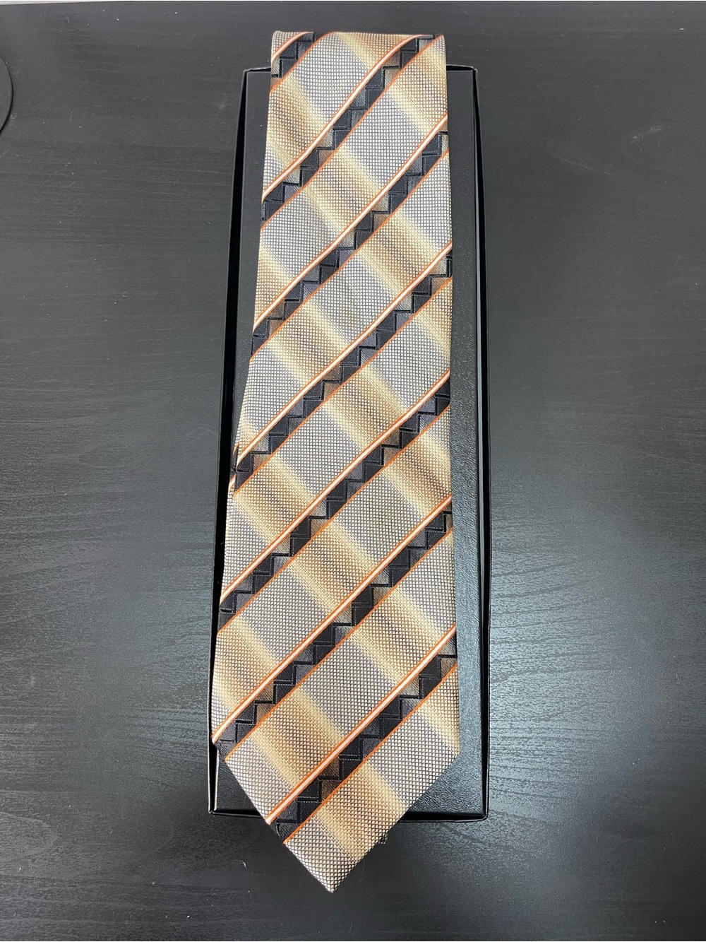 Canali Silk Tie Gold Black Cream Stripe Satin Italy Vintage 90s Wide 4”Rare